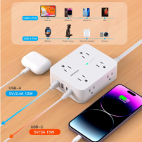 Regleta Protectora De Sobretensiones, 8 Tomas, 4 Puertos Usb